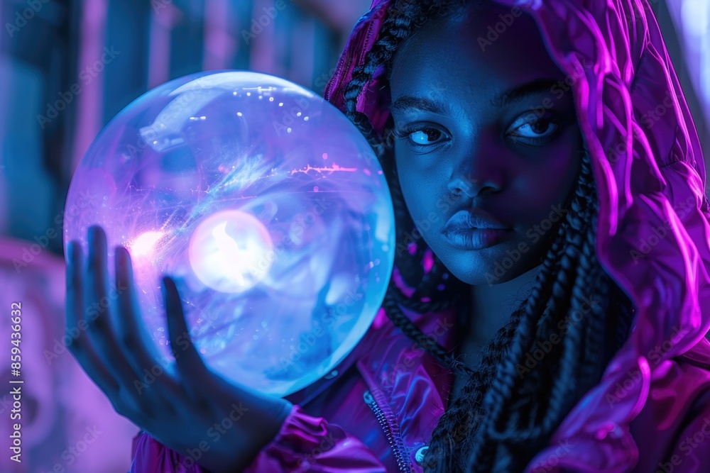 Naklejka premium A young girl holds a crystal ball in her hands, looking thoughtful