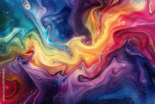 Colorful abstract art piece featuring swirling patterns of paint