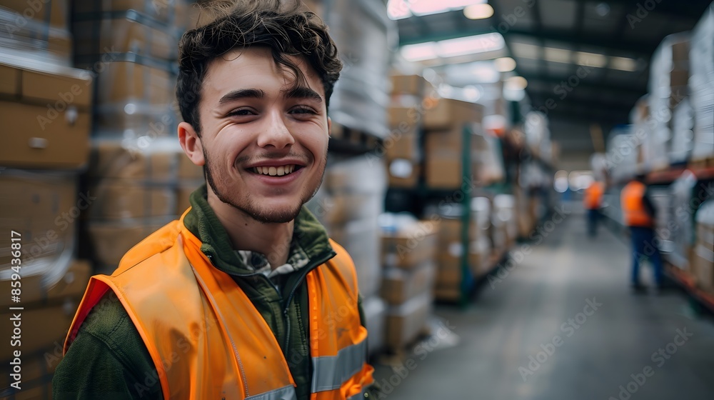 Fototapeta premium A smiling young man in an orange safety vest and green shirt stands inside the warehouse, surrounded by large boxes of goods ready for shipping to customers all over the world.