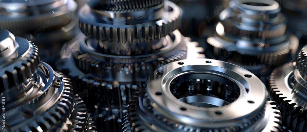 Fototapeta premium A pile of shiny metal gears and cogs arranged in a close-up view, showcasing the complexity and precision of mechanical engineering.