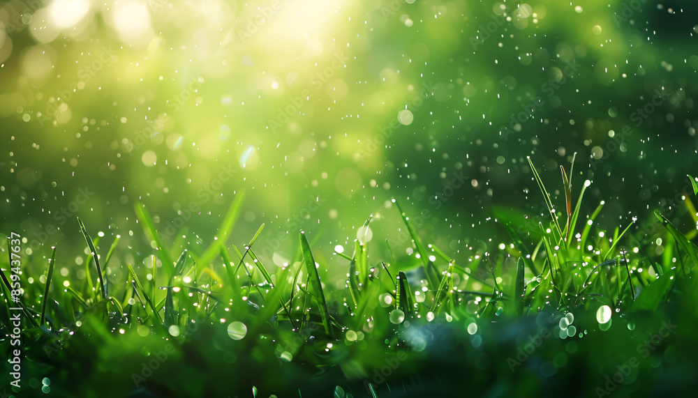 Close up of fresh thick grass with water drops in the early morning Close up of fresh thick grass with water drops in the early morning