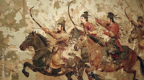 Ancient Chinese soldiers rode horses and shot arrows to lead the army in war photo