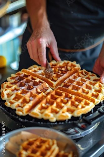 A waffle is being prepared on a grill