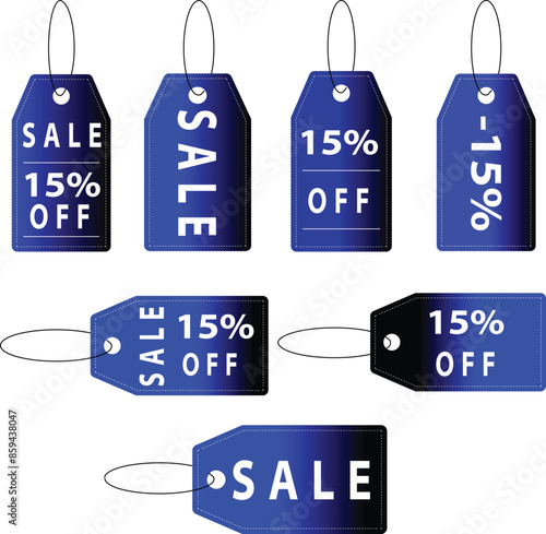Striking gradient sale tags transitioning from dark blue to black with bold white text showcasing a 15% discount. Perfect for enhancing your marketing and retail advertising materials. Ideal for sales