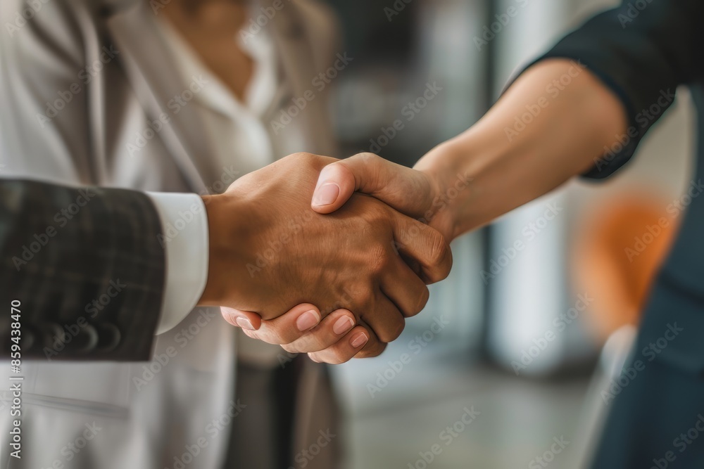 Business professionals shaking hands indicating successful agreement in modern office setting Business professionals shaking hands indicating successful agreement in modern office setting