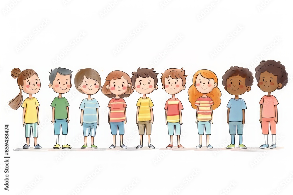 Diverse group of cheerful children standing in a row, smiling and wearing colorful casual clothes. Diverse group of cheerful children standing in a row, smiling and wearing colorful casual clothes.