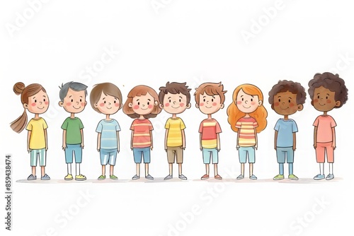 Diverse group of cheerful children standing in a row, smiling and wearing colorful casual clothes.
