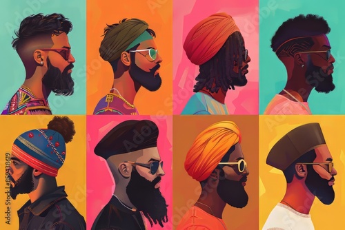 A collection of diverse men showcasing unique and stylish headwear with vibrant backgrounds. photo