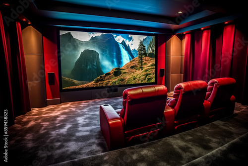 A movie theater with a large screen and three red chairs photo