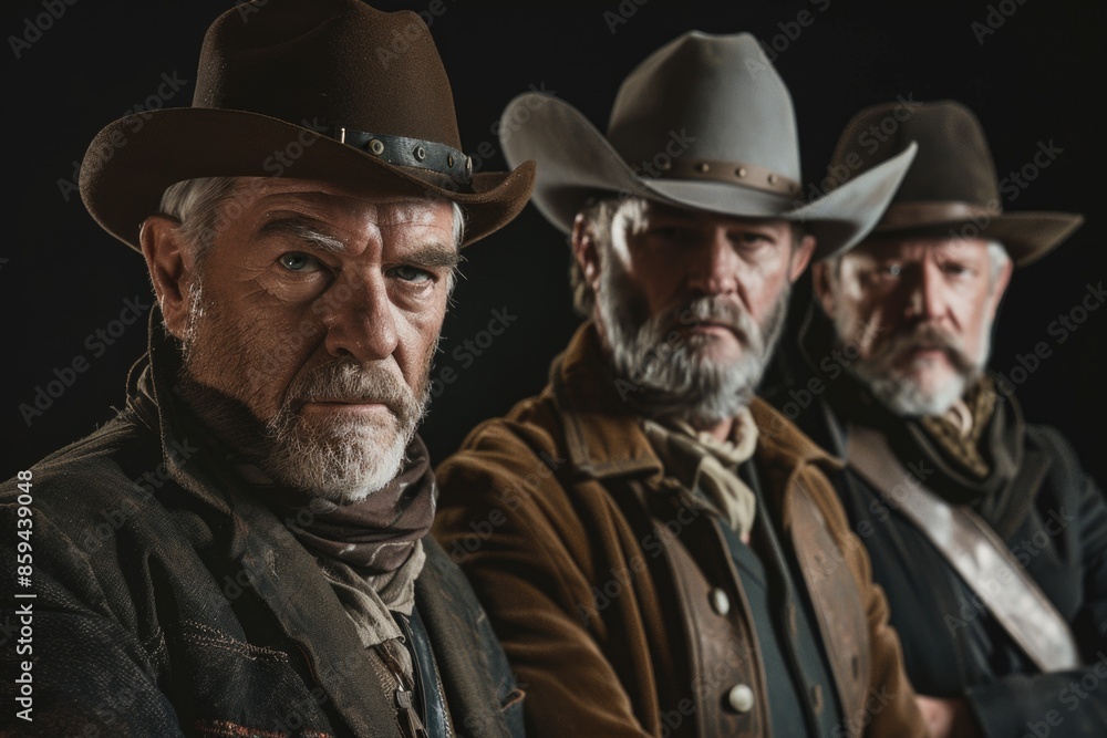 Three men wearing cowboy hats, standing together Three men wearing cowboy hats, standing together