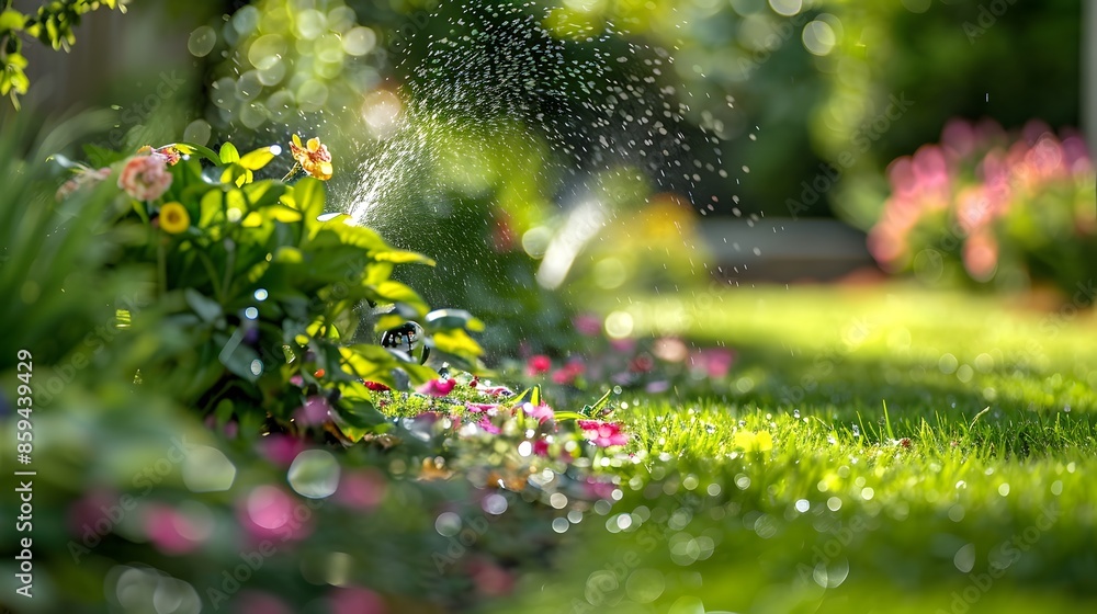 A sprinkler sprays water on the lawn, with flowers and grass in front. The photo is taken from an overhead perspective, and there is a lot of greenery around. A sprinkler sprays water on the lawn, with flowers and grass in front. The photo is taken from an overhead perspective, and there is a lot of greenery around.