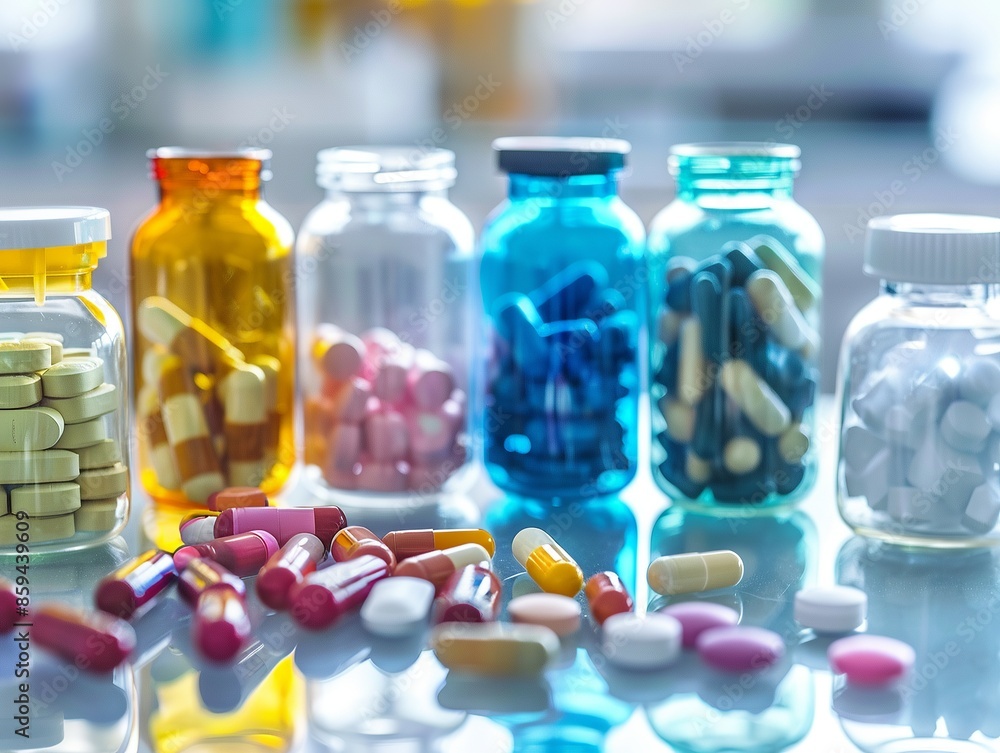 A variety of pills and capsules in colorful bottles arranged on a reflective surface, showcasing different types of medications. A variety of pills and capsules in colorful bottles arranged on a reflective surface, showcasing different types of medications.