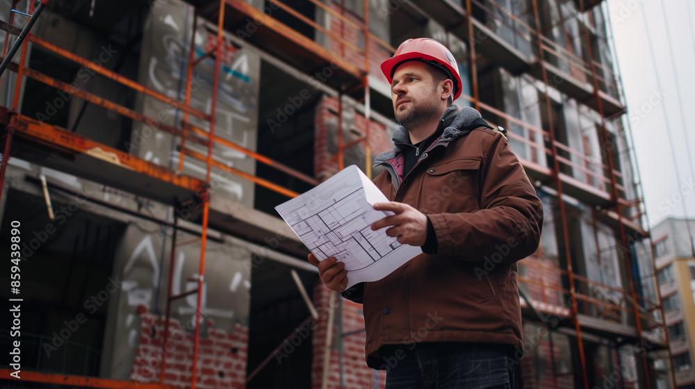 male architect looking at unfinished residential building, man with project helmet and blueprint in hand, Ai generated Images male architect looking at unfinished residential building, man with project helmet and blueprint in hand, Ai generated Images