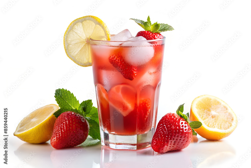 Refreshing Glass of Iced Strawberry Lemonade With Lemon and Mint Garnish Refreshing Glass of Iced Strawberry Lemonade With Lemon and Mint Garnish