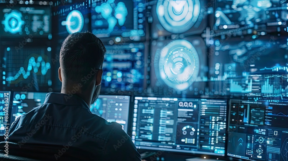 Cybersecurity specialist working on a computer surrounded by digital shields and encrypted codes Cybersecurity specialist working on a computer surrounded by digital shields and encrypted codes