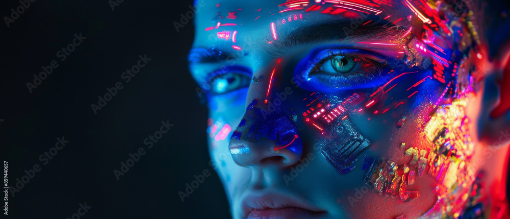 A close-up of a face adorned with vibrant, glowing paint, merging surreal electronic elements, embodying a futuristic, cybernetic aesthetic against a dark background. A close-up of a face adorned with vibrant, glowing paint, merging surreal electronic elements, embodying a futuristic, cybernetic aesthetic against a dark background.