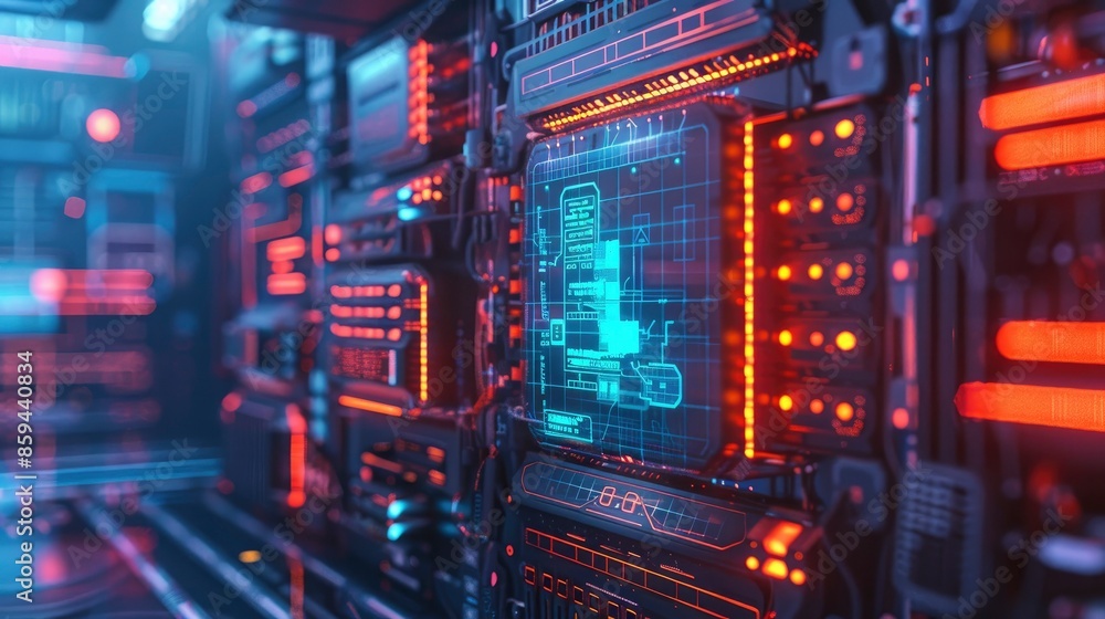 Digital render of a firewall system blocking cyber threats with holographic effects Digital render of a firewall system blocking cyber threats with holographic effects