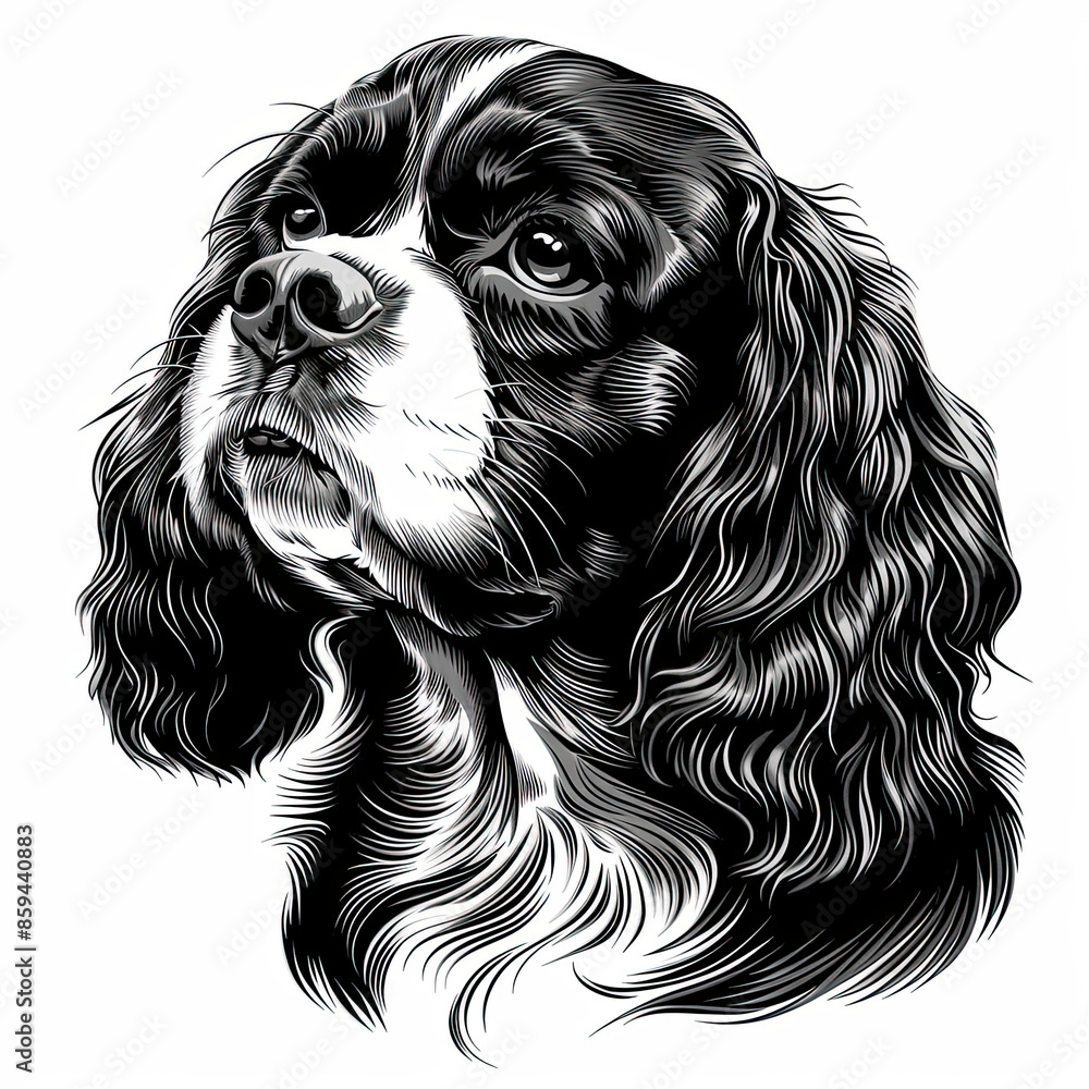 A black and white drawing of a Cavalier King Charles Spaniel dog A black and white drawing of a Cavalier King Charles Spaniel dog