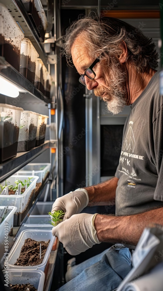 Man in a greenhouse tending to plants. Man in a greenhouse tending to plants.