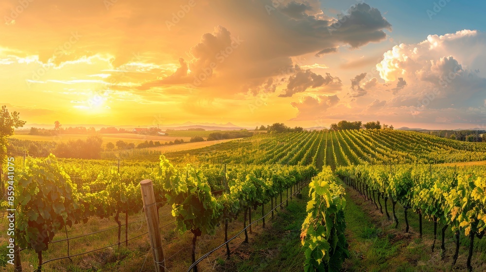Fototapeta premium A picturesque vineyard with rows of grapevines under a golden sunset 
