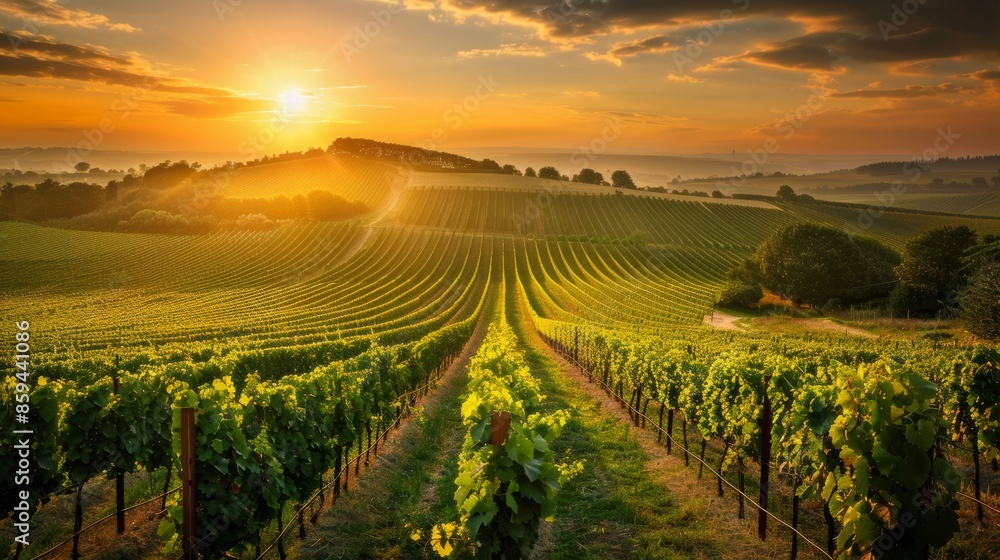 Fototapeta premium A picturesque vineyard with rows of grapevines under a golden sunset 