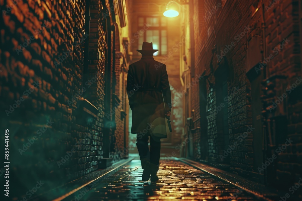 A person navigating through a dimly lit alley at night A person navigating through a dimly lit alley at night