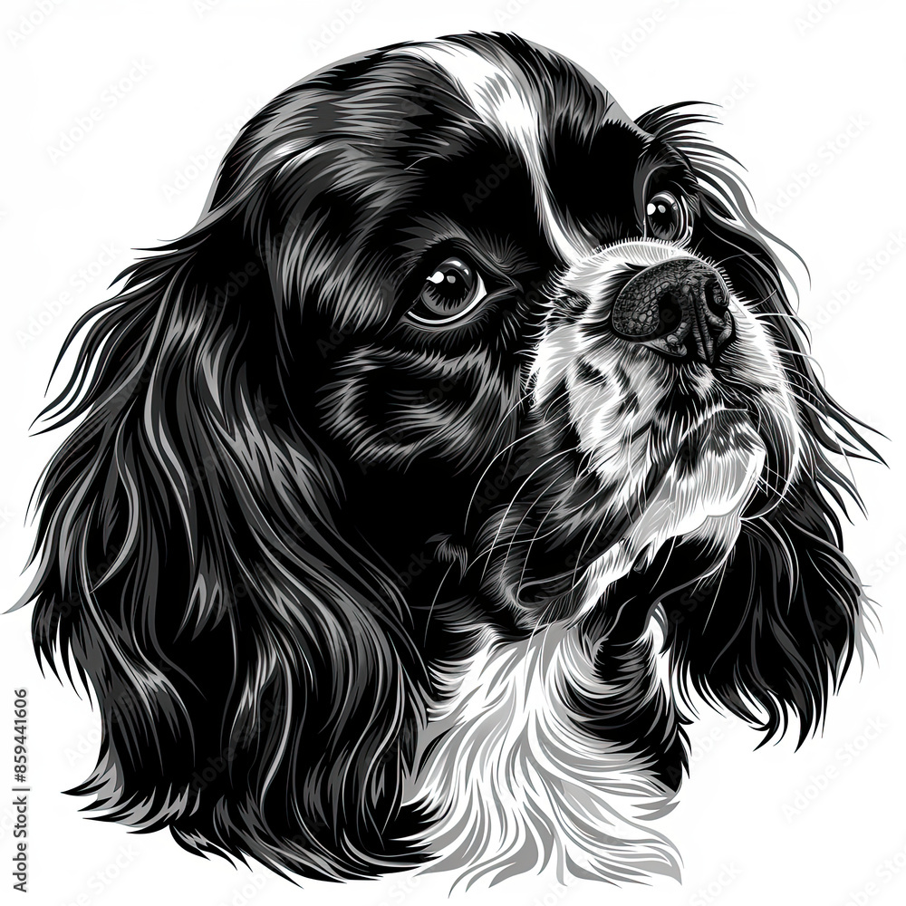 A black and white drawing of a Cavalier King Charles Spaniel dog A black and white drawing of a Cavalier King Charles Spaniel dog