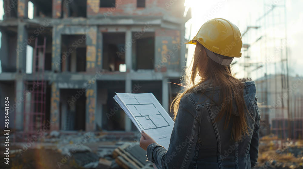 female architect looking at unfinished house building, woman with protective helmet and blueprint in hand, half finished building background, Ai generated Images female architect looking at unfinished house building, woman with protective helmet and blueprint in hand, half finished building background, Ai generated Images
