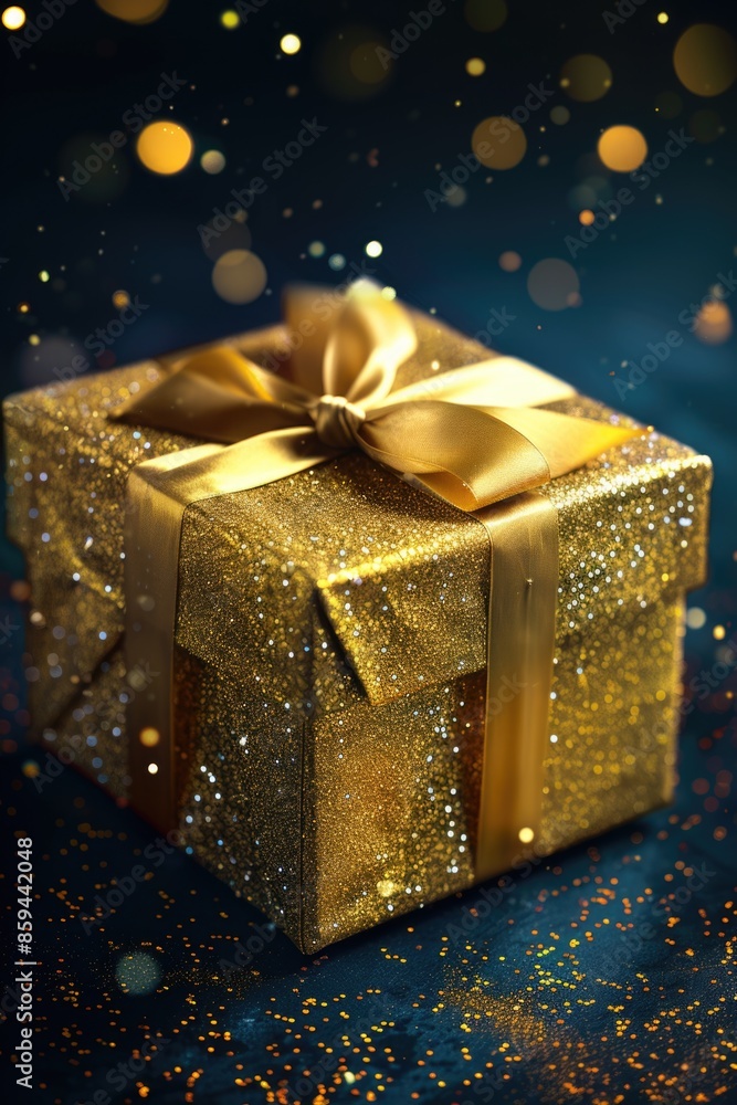 A beautifully presented gold gift box tied with a golden bow, perfect for special occasions or as a decorative item A beautifully presented gold gift box tied with a golden bow, perfect for special occasions or as a decorative item