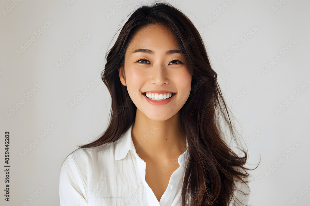 Closeup portrait of beautiful smiling Asian woman with smooth healthy skin Closeup portrait of beautiful smiling Asian woman with smooth healthy skin