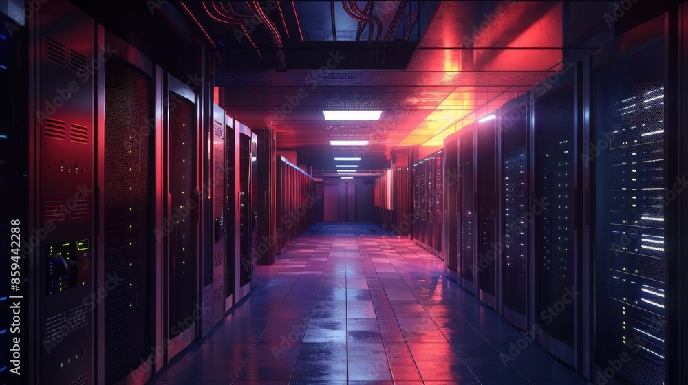 3D visualization of a secure server room with cybersecurity protocols in action 3D visualization of a secure server room with cybersecurity protocols in action