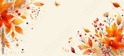 Autumn leaves border. Frame of falling autumn leaves. Leaf fall. Autumn flying leaves background with watercolor  leaves . Abstract art autumn minimalistic background with brush texture
