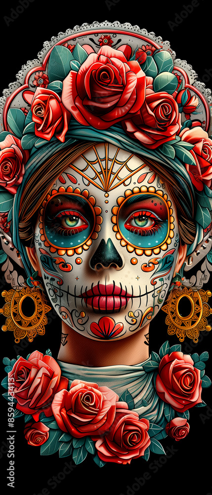 Naklejka premium A woman with a skeleton face and a flower headdress. The flowers are red and green