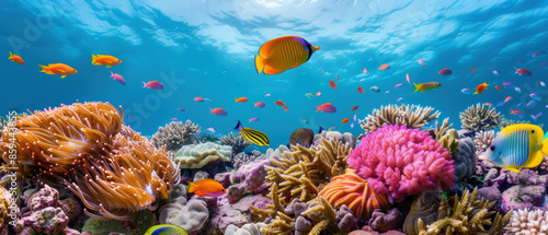 A colorful coral reef with many fish swimming around photo