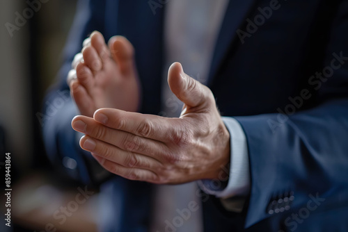 Businesspeople shaking hands and clapping in the office. Successful meeting or arm handshake concept with blurred background. Artificial intelligence. © Moolecule Studio
