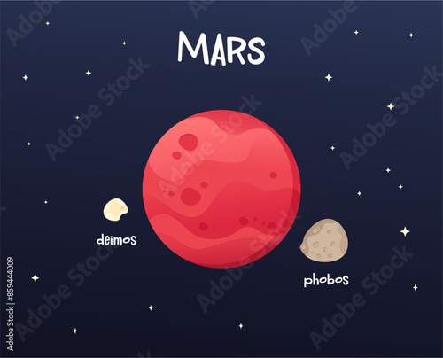 Mars and moons cartoon vector illustration isolated on sky space background. Planet cartoon vector style