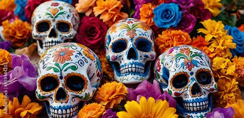 Mexican day of the dead sugar skulls background Mexico colorful vibeant