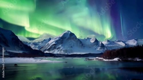 Wallpaper Mural Stunning time-lapse footage of the aurora borealis illuminating the sky above a frozen lake and snow-covered mountains Torontodigital.ca