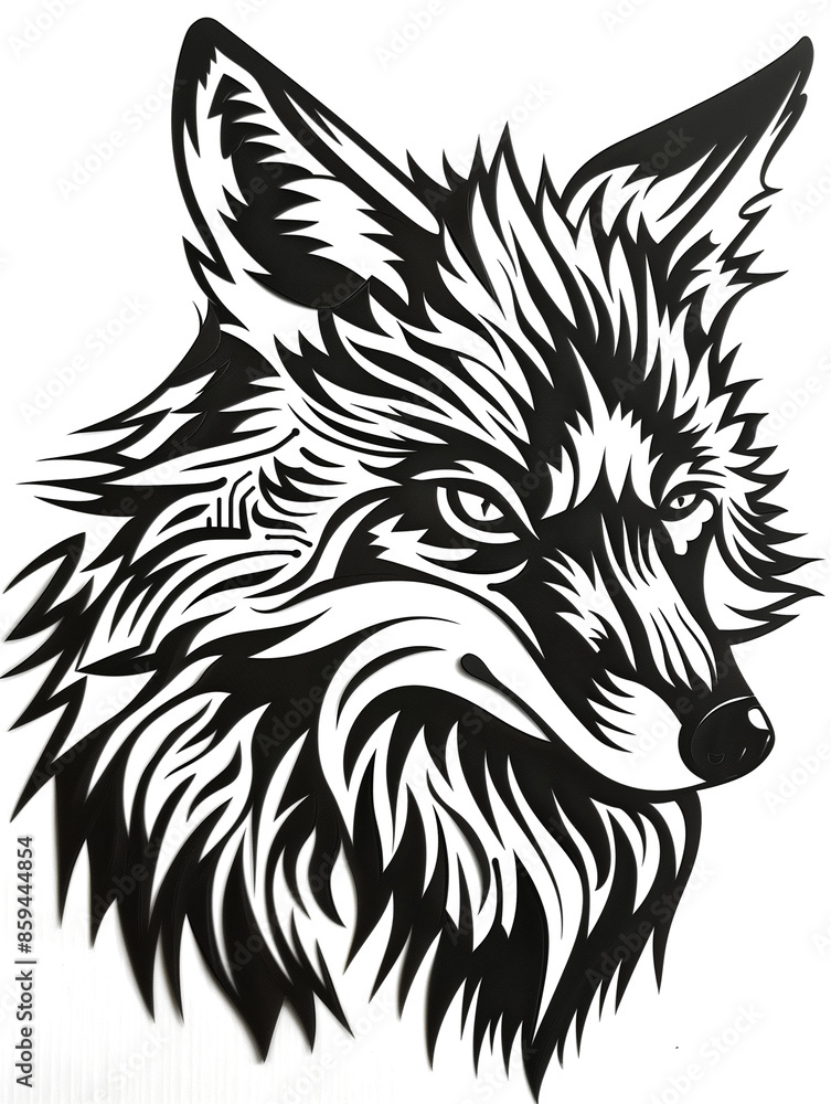 A black and white drawing of a fox with a fierce expression A black and white drawing of a fox with a fierce expression