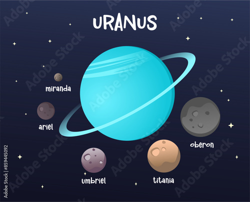 Uranus and moons cartoon vector illustration isolated on sky space background. Planet cartoon vector style