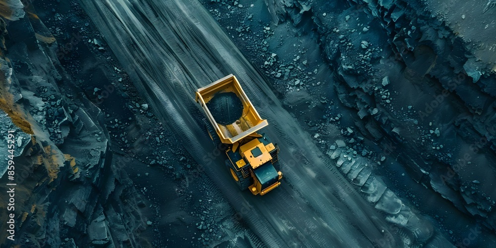Bird's eye view of yellow mining truck in open pit coal mine. Concept Mining truck, Open pit, Coal mine, Bird's eye view, Yellow truck Bird's eye view of yellow mining truck in open pit coal mine. Concept Mining truck, Open pit, Coal mine, Bird's eye view, Yellow truck
