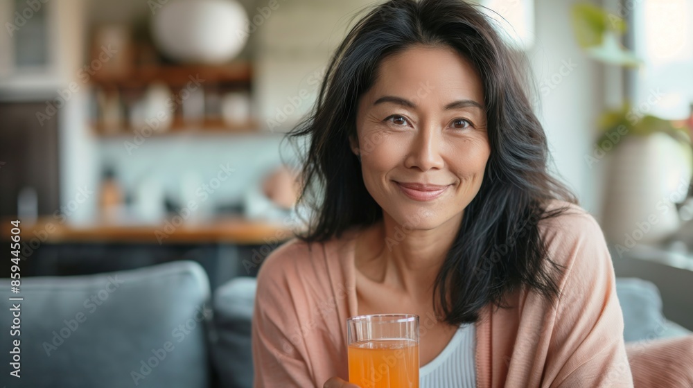 Smiling mid-aged Asian woman holding a glass of kombucha, seated on a cozy couch in a bright, modern living room with a blurred background Smiling mid-aged Asian woman holding a glass of kombucha, seated on a cozy couch in a bright, modern living room with a blurred background