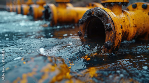 Close up of dirty water pipe that discharges sewage into body of water, causing pollution.