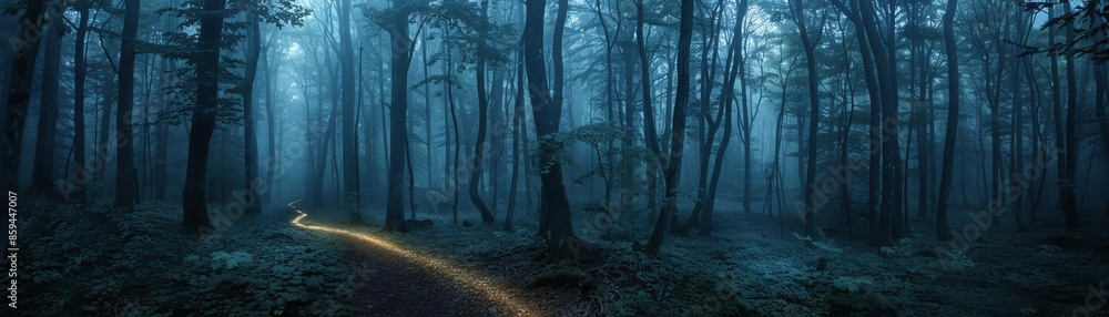 Naklejka premium A dark, ominous forest with a glowing path of light, contrast of darkness and goodness