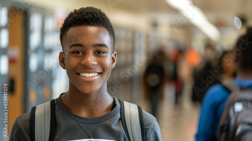 Smiling African American Teenage Boy in School Hallway with Backpack