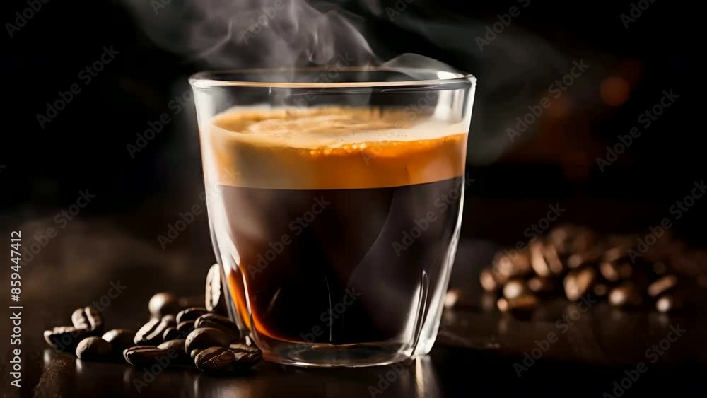 Close-up view of a steaming brewed espresso shot, with a rich crema layer on a dark background Close-up view of a steaming brewed espresso shot, with a rich crema layer on a dark background