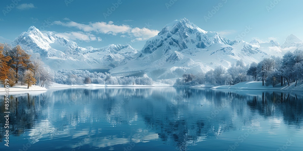 Fototapeta premium Snowy Mountain Landscape with a Tranquil Lake