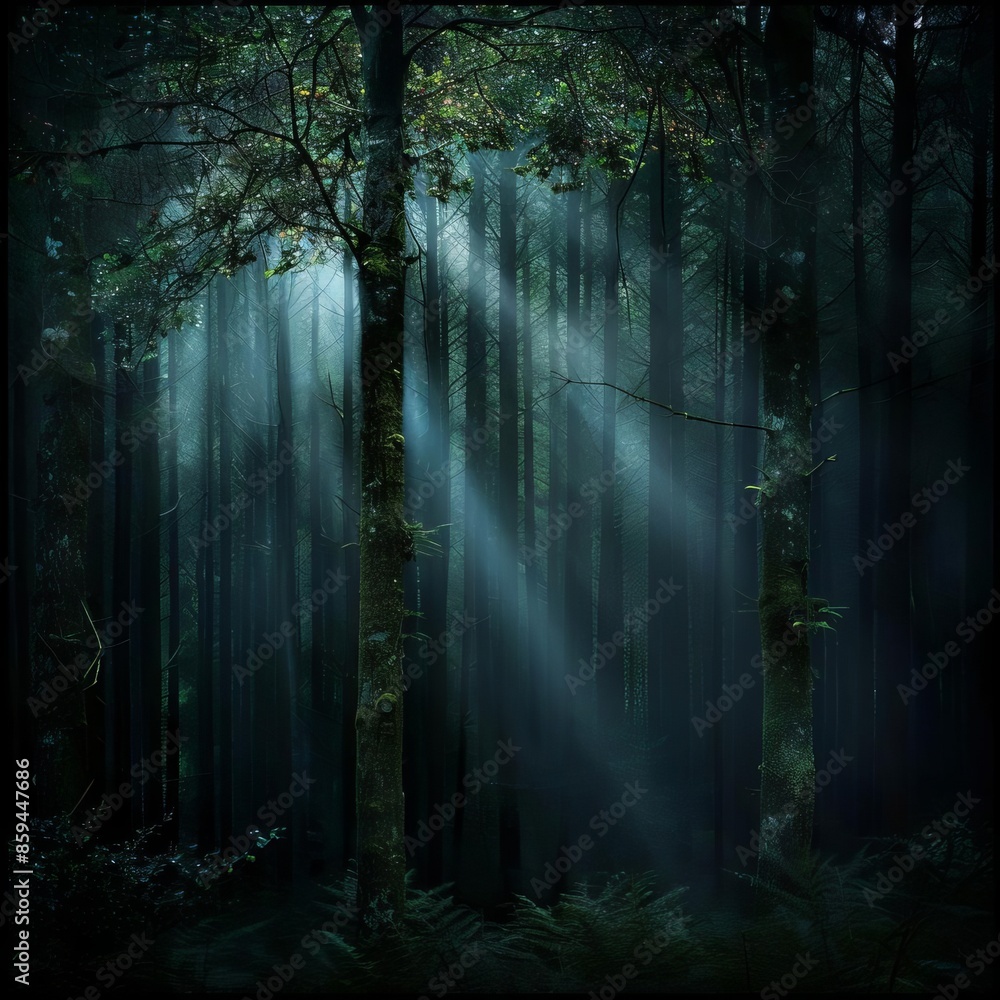Fototapeta premium The hushed ambiance of a twilight forest is presented with a focus on the interplay of twilight blues and the rich greens and browns of the forest The low light requires a high ISO