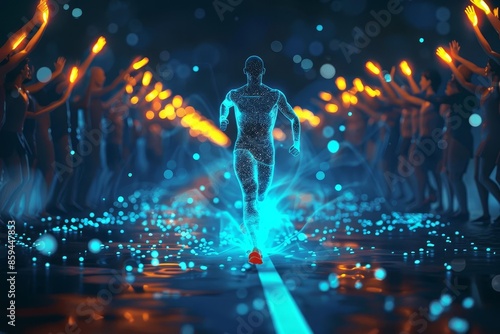 Athlete crossing a finish line, surrounded by imaginary cheering fans, glowing victory aura photo