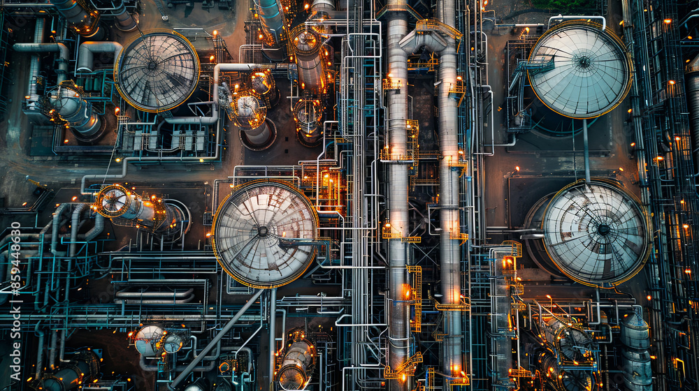 Industrial refinery with numerous chimneys bright lights night, emitting smoke during picturesque Industrial refinery with numerous chimneys bright lights night, emitting smoke during picturesque